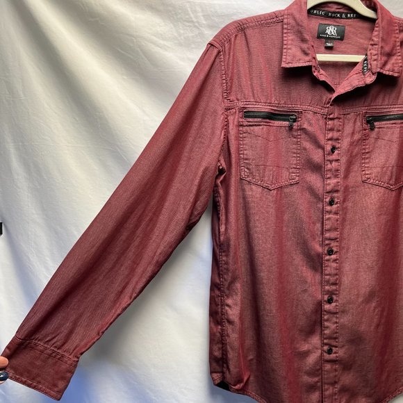 Rock & Republic Burgundy Button Up Long Sleeve Chambray Shirt Zip Pockets Size L - Picture 2 of 12